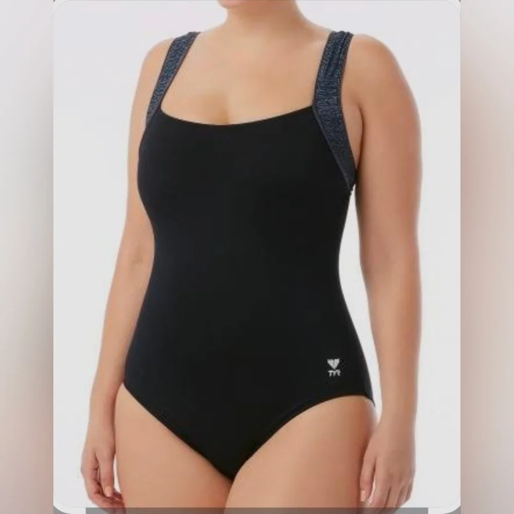 TYR Women's Durafast Elite Black Mantra Square Neck Control Fit Swim Sz 24 New